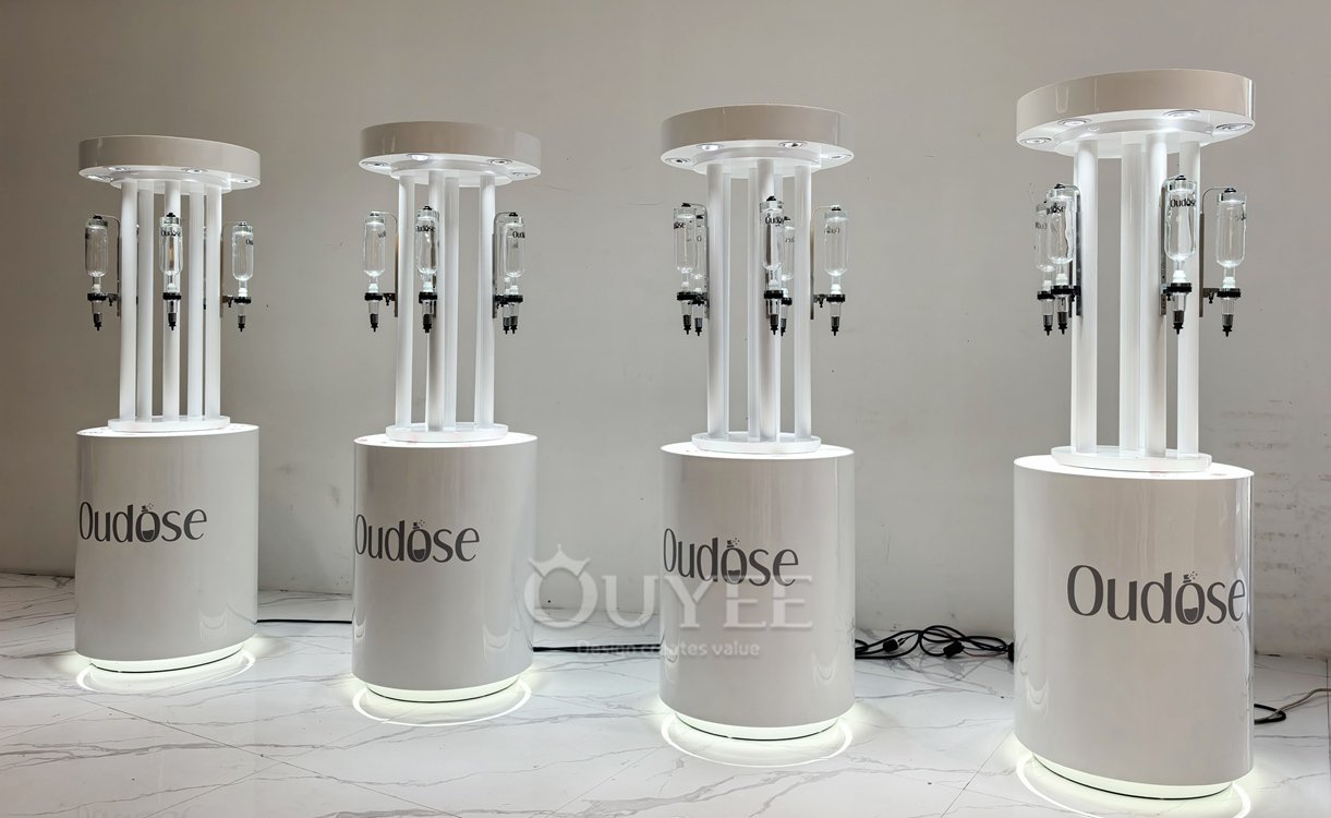 Illuminated Cylindrical Cosmetic Display Stand with Hooks 03