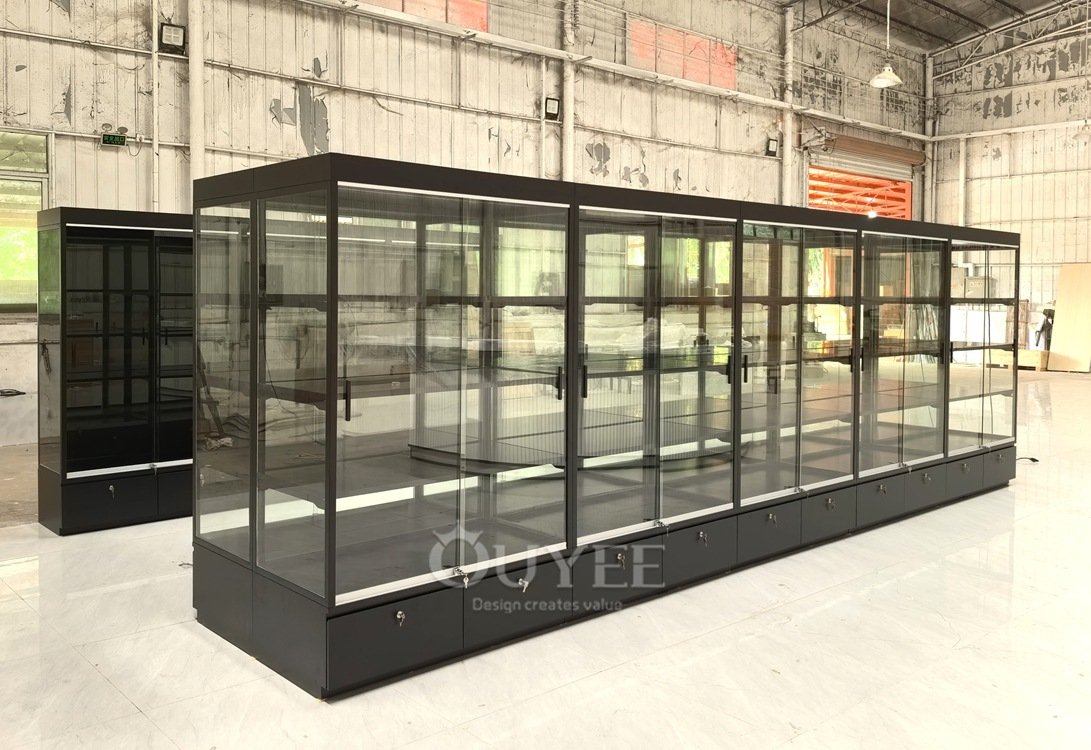 Long Black Wall Display Cabinet with LED Shelves 01