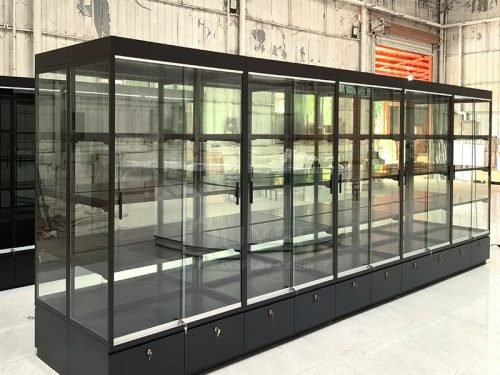 Long Black Wall Display Cabinet with LED Shelves 01