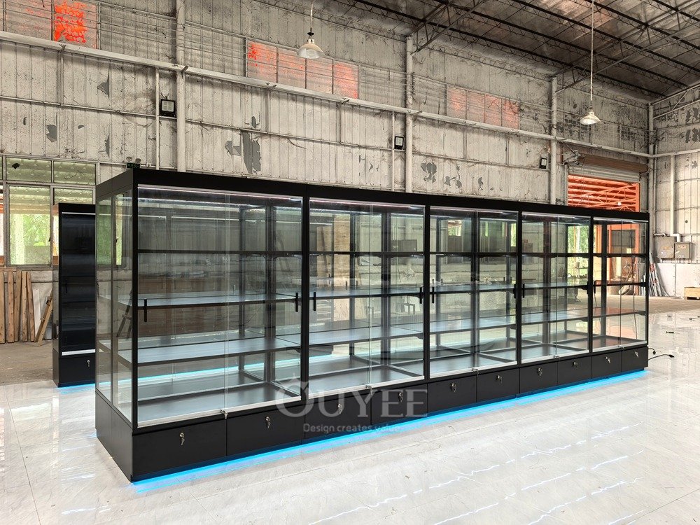 Long Black Wall Display Cabinet with LED Shelves 02