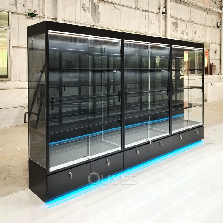 Long Black Wall Display Cabinet with LED Shelves 03