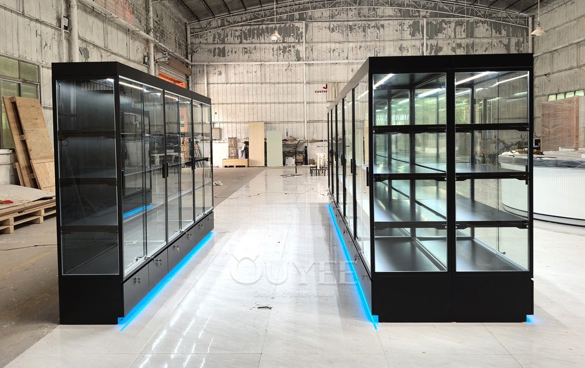 Long Black Wall Display Cabinet with LED Shelves 04