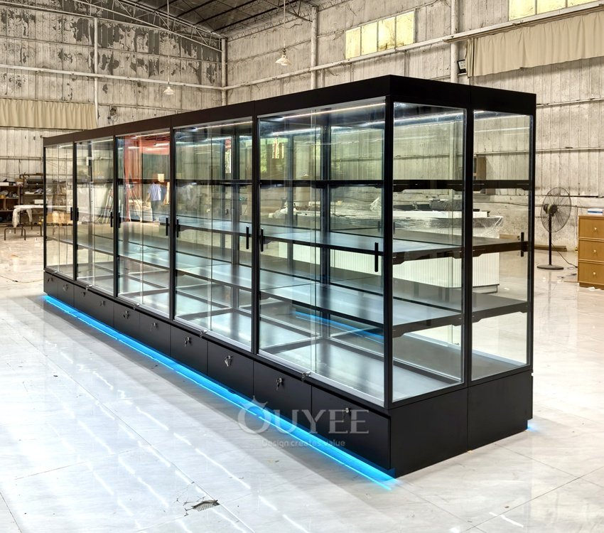 Long Black Wall Display Cabinet with LED Shelves 05