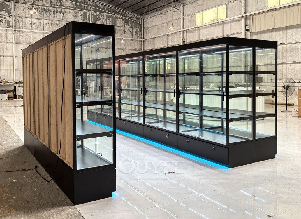 Long Black Wall Display Cabinet with LED Shelves 06