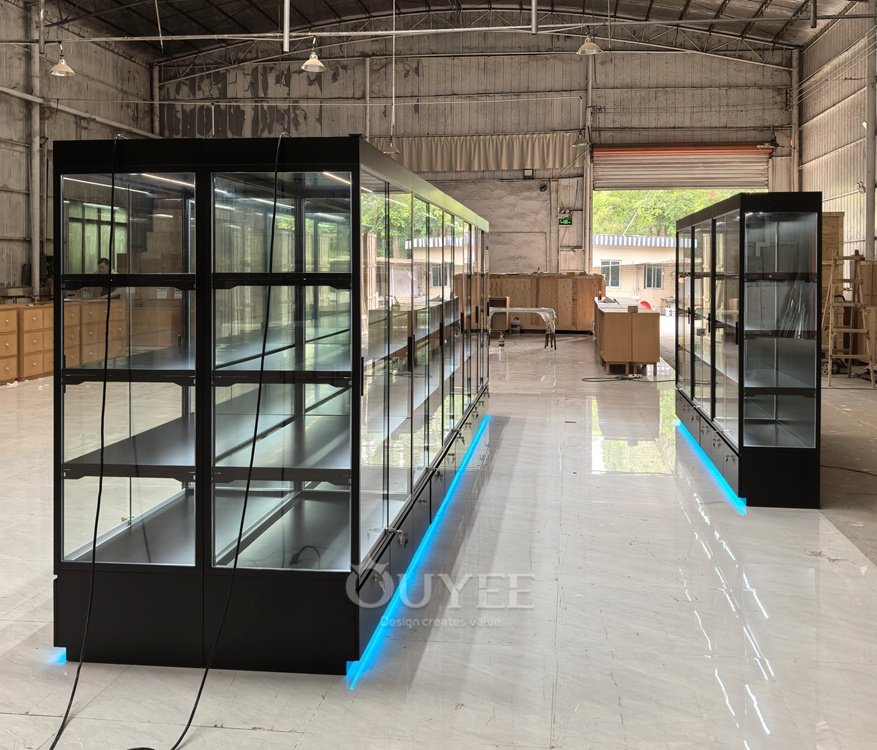 Long Black Wall Display Cabinet with LED Shelves 07