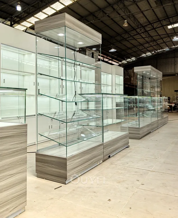 Long Gray Jewelry Showcase Counter with Marble Branding Wall 05