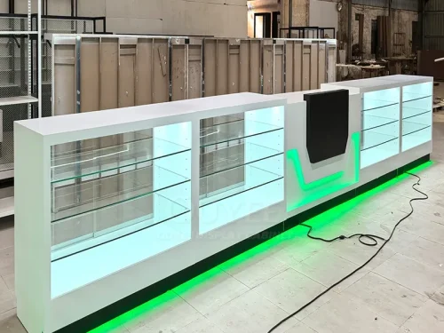 Long White Glass Showcase Counter with Green LED Kicklight 01