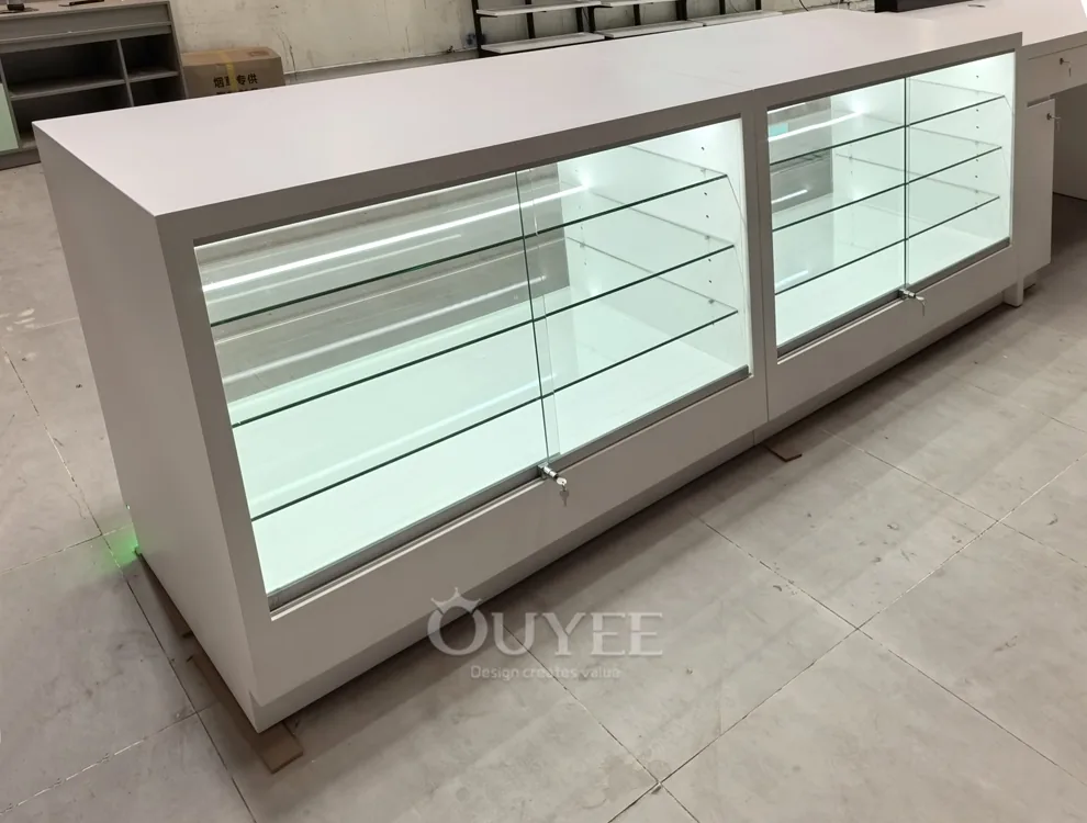 Long White Glass Showcase Counter with Green LED Kicklight 02