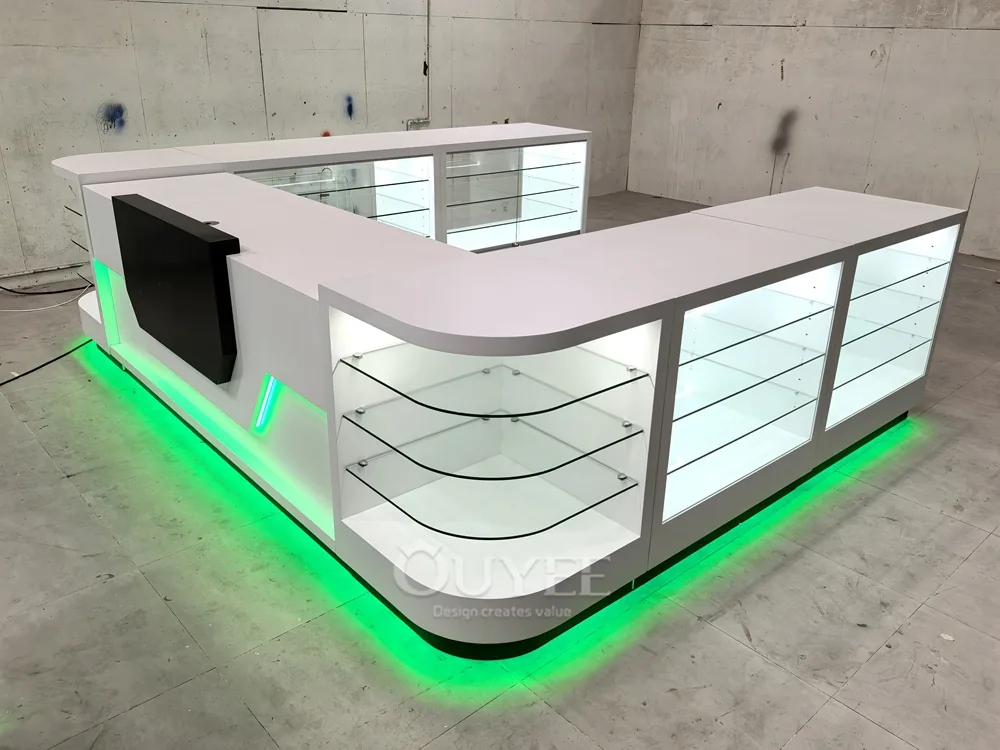 Long White Glass Showcase Counter with Green LED Kicklight 03