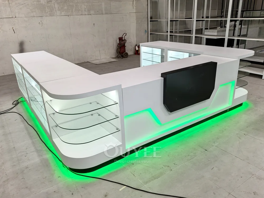 Long White Glass Showcase Counter with Green LED Kicklight 04