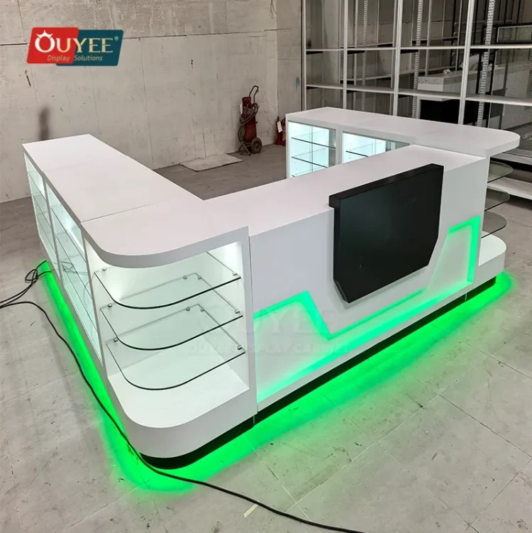 Long White Glass Showcase Counter with Green LED Kicklight | Custom ...