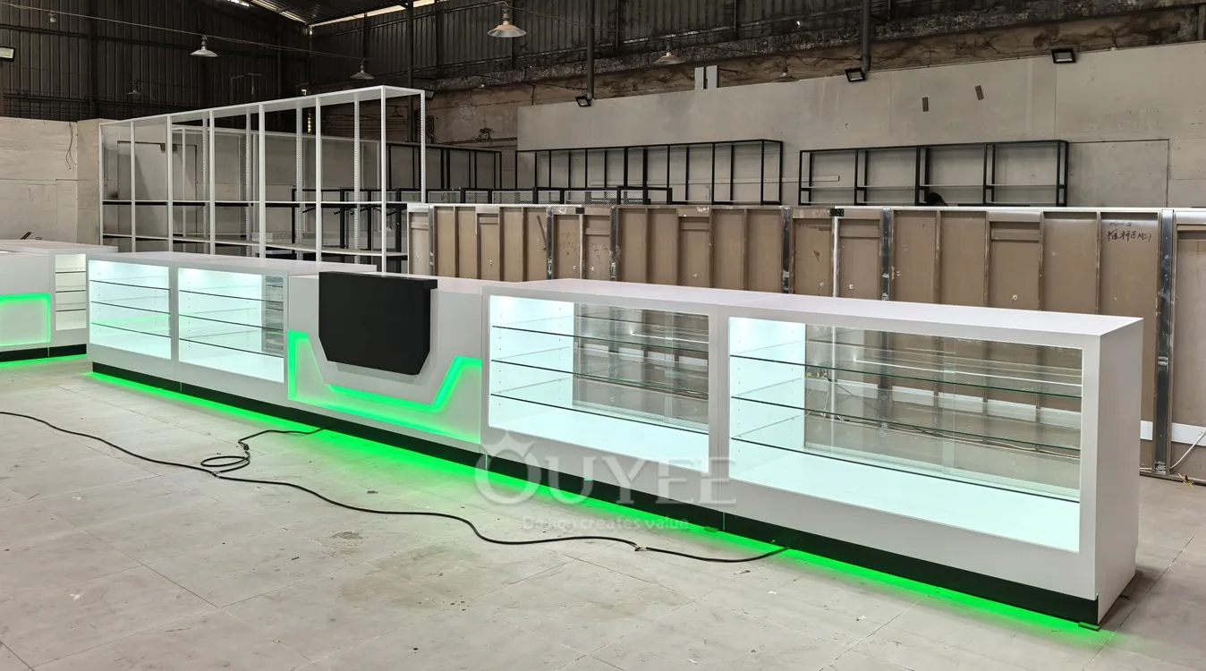Long White Glass Showcase Counter with Green LED Kicklight 05