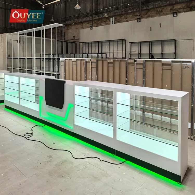 Long White Glass Showcase Counter with Green LED Kicklight | Custom ...