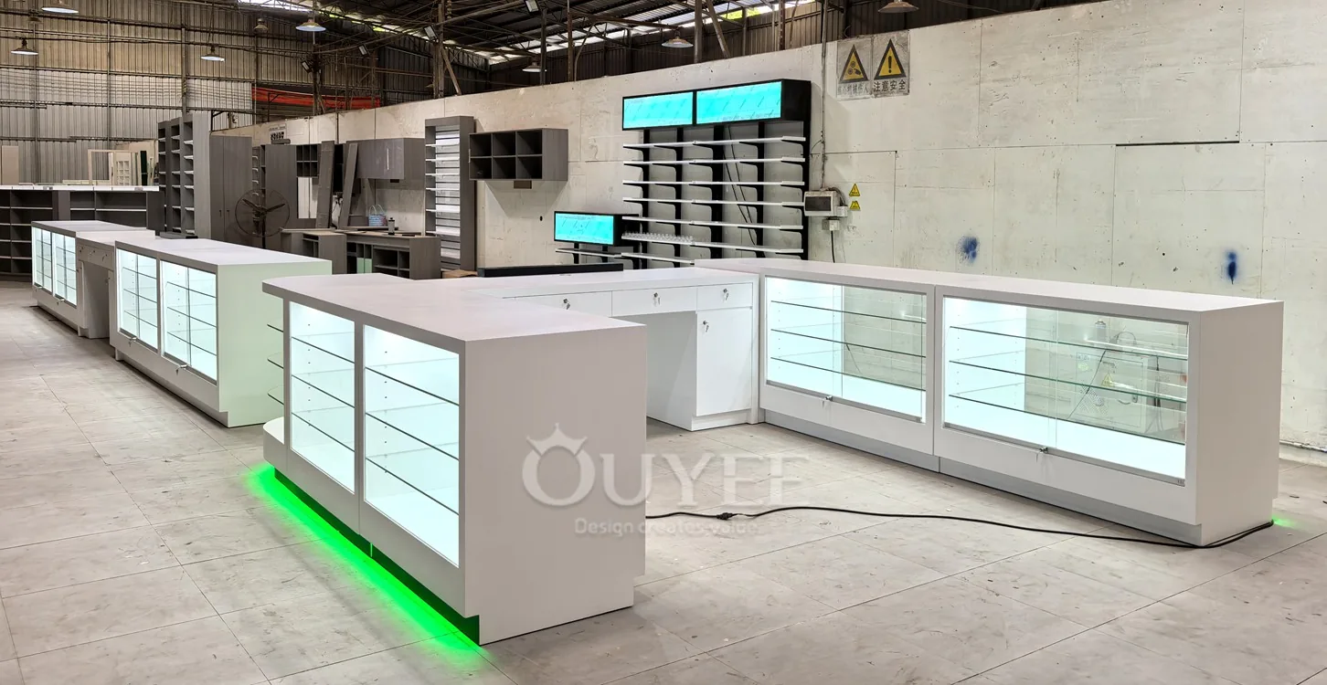 Long White Glass Showcase Counter with Green LED Kicklight 06