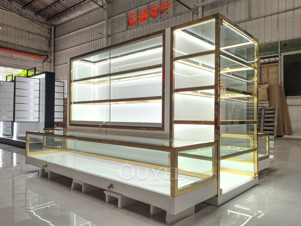 Luxury Gold Frame Wall Glass Showcase with Base Counter 01