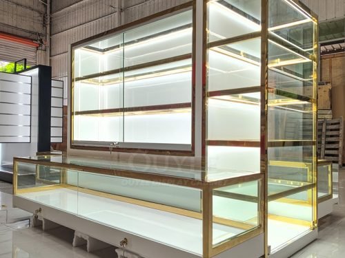 Luxury Gold Frame Wall Glass Showcase with Base Counter 01
