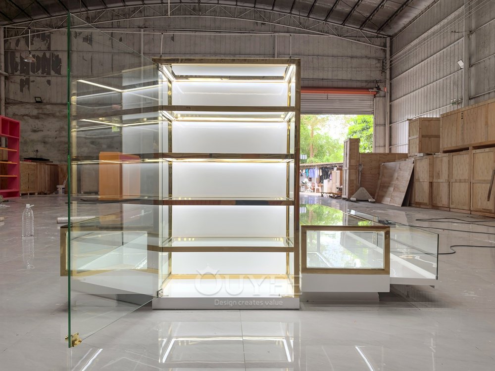 Luxury Gold Frame Wall Glass Showcase with Base Counter 02