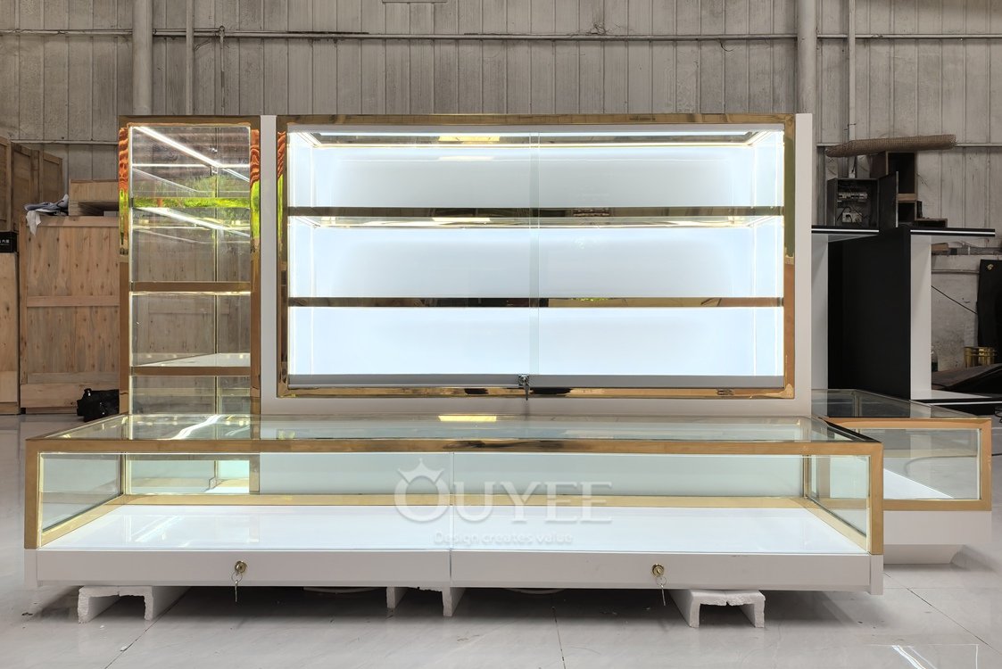 Luxury Gold Frame Wall Glass Showcase with Base Counter 05