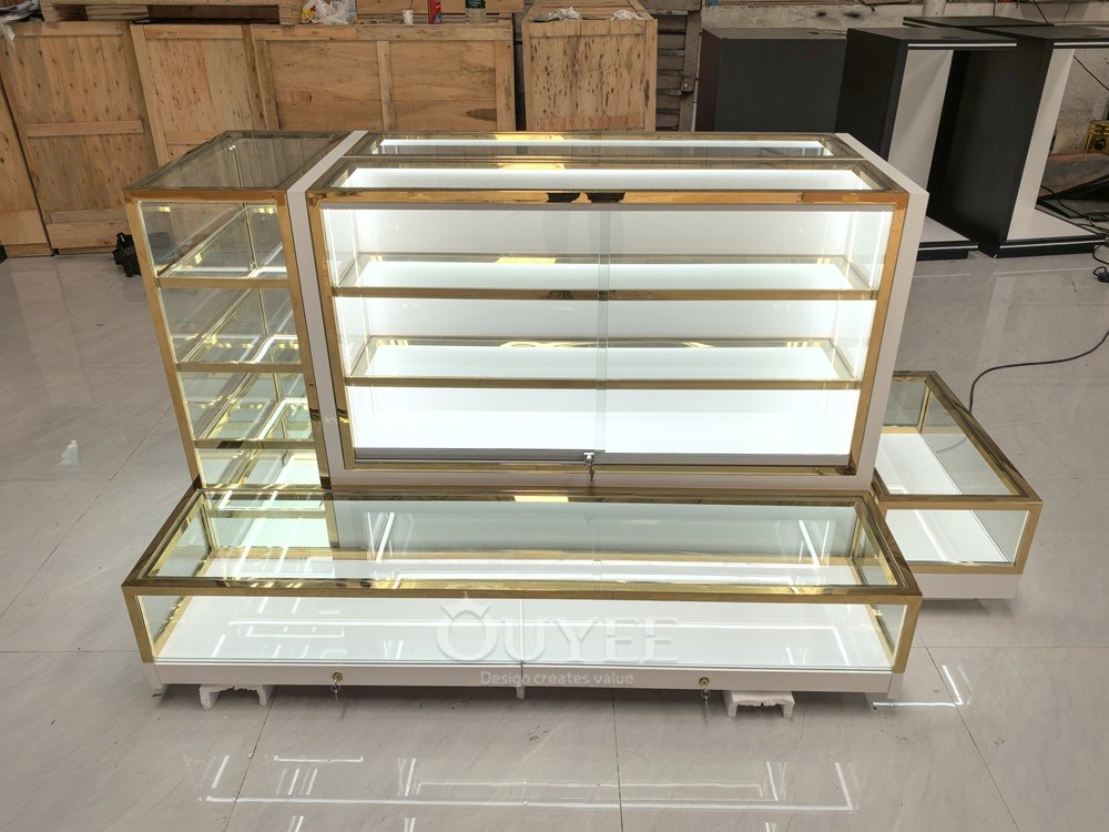 Luxury Gold Frame Wall Glass Showcase with Base Counter 06