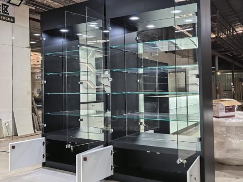 Matte Black Glass Tower Display Cabinet with Locking Doors 01