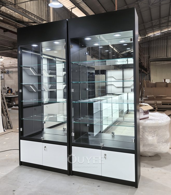 Matte Black Glass Tower Display Cabinet with Locking Doors 03