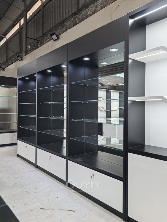 Matte Black Glass Tower Display Cabinet with Locking Doors 06