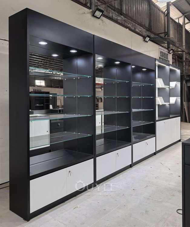 Matte Black Glass Tower Display Cabinet with Locking Doors 07