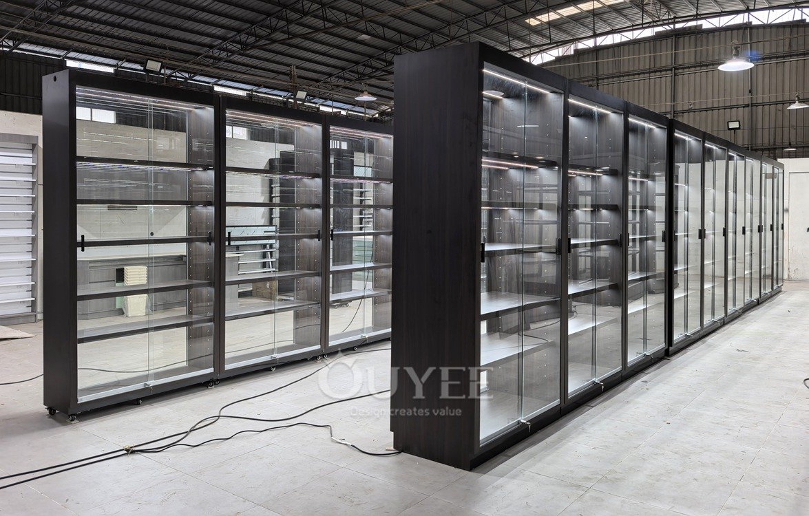 Modular Aisle Glass Display Cabinet with Black Frame 01