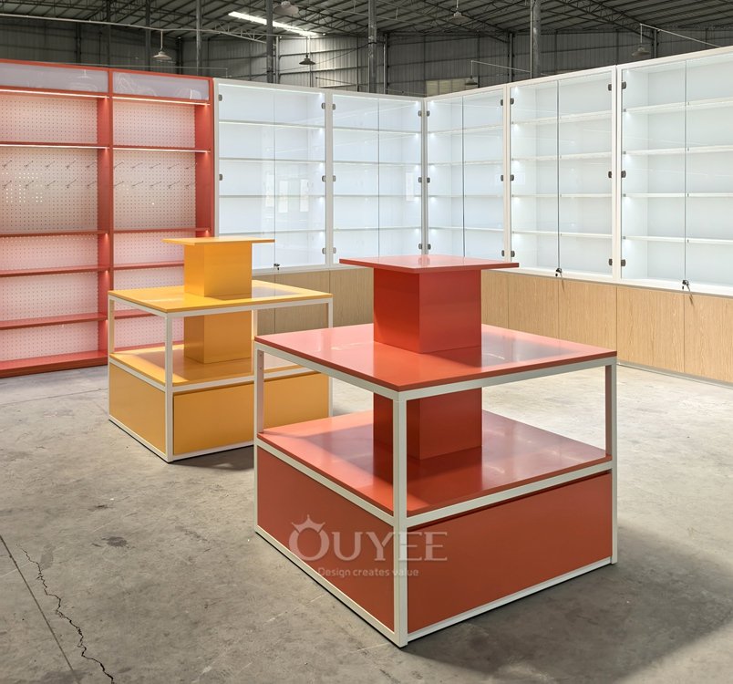 Orange Cube Retail Display Stand with Light Columns 03