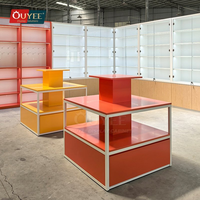 Orange Cube Retail Display Stand with Light Columns 03