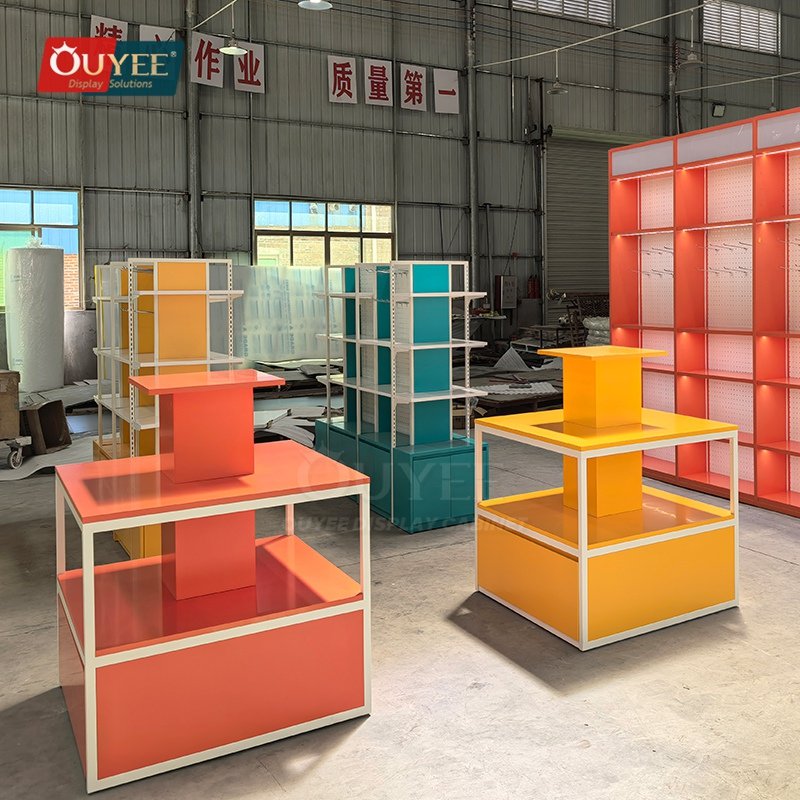 Orange Cube Retail Display Stand with Light Columns 04