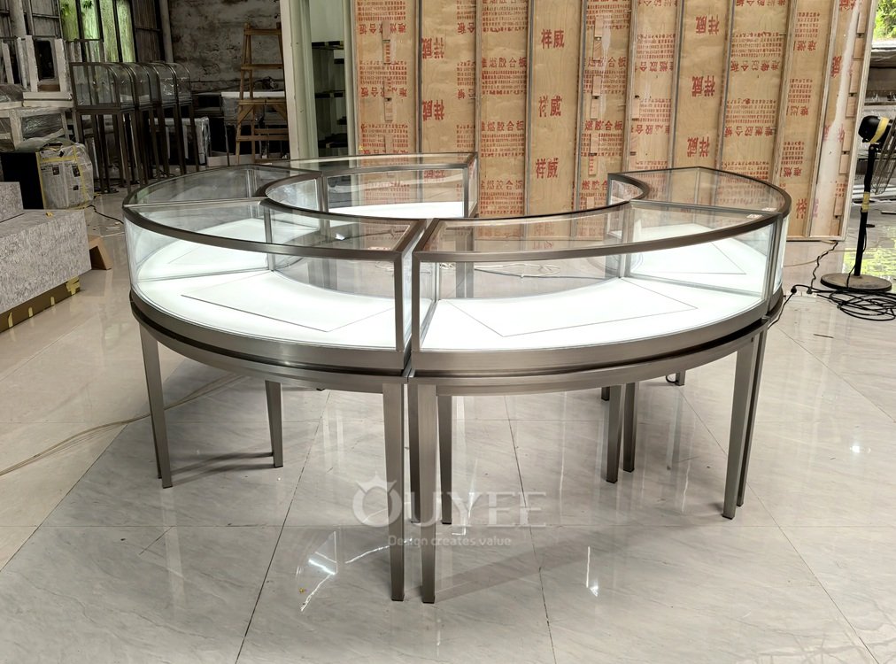 Round Tiered Glass Showcase Table with Black Metal Frame 05