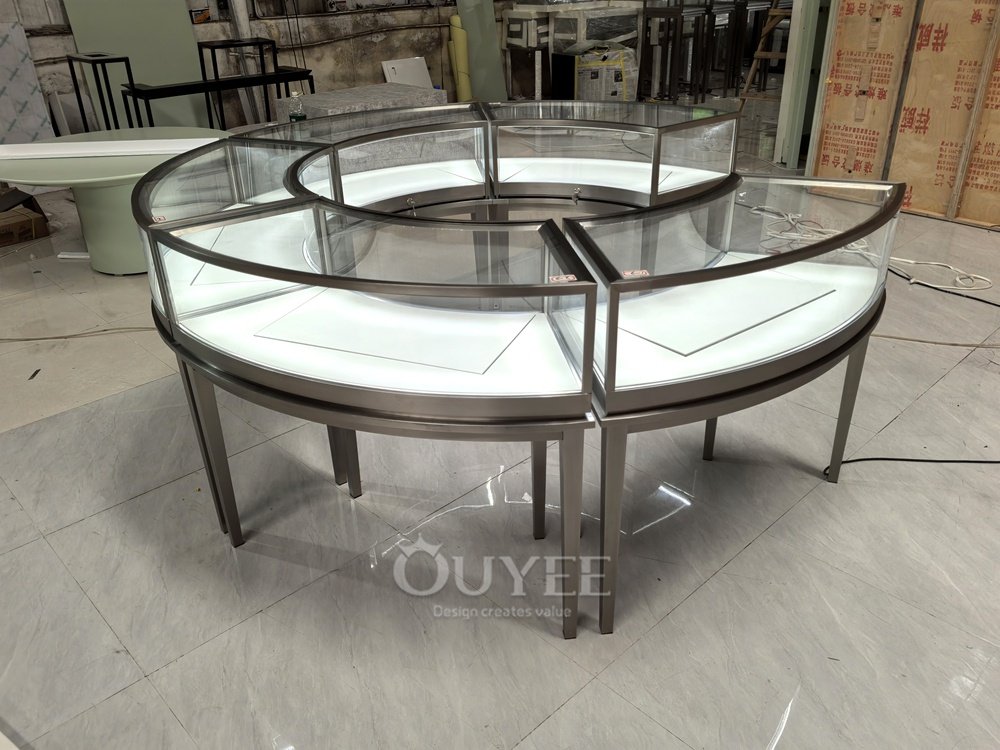 Round Tiered Glass Showcase Table with Black Metal Frame 06