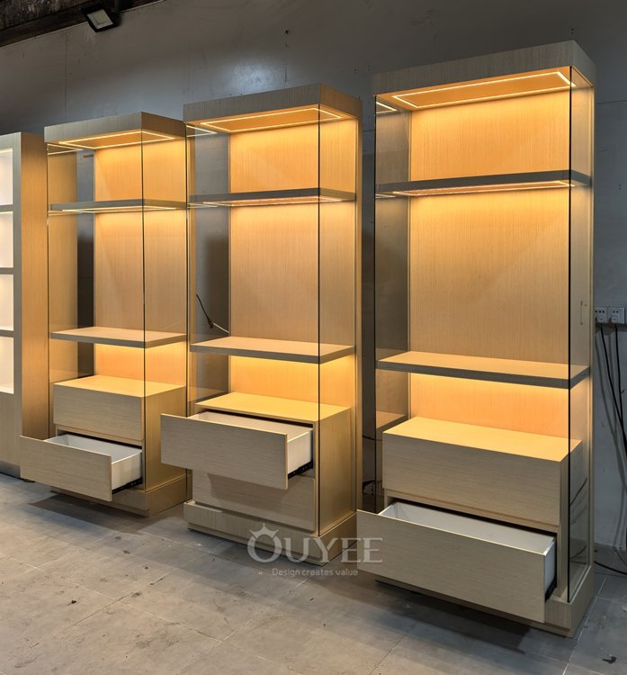 Warm LED Wood Display Cabinet with Drawers 01