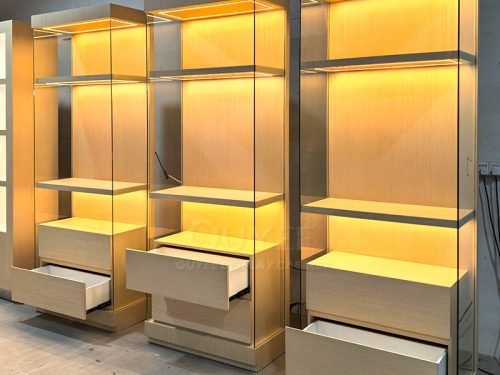 Warm LED Wood Display Cabinet with Drawers 01