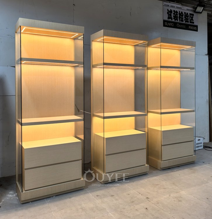 Warm LED Wood Display Cabinet with Drawers 04