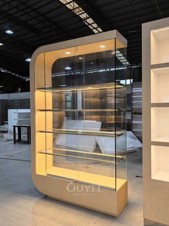 Warm LED Wood Display Cabinet with Drawers 05