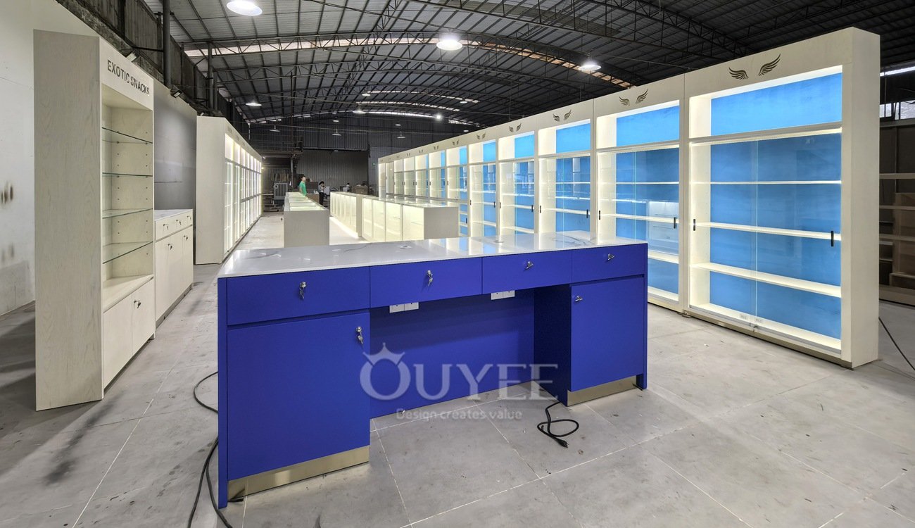 White Backlit Display Cabinet Wall with Blue Panels 05