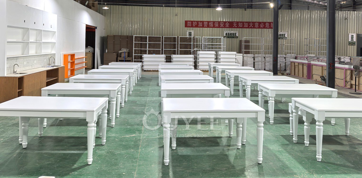 White Classic Retail Display Table with Turned Legs 03