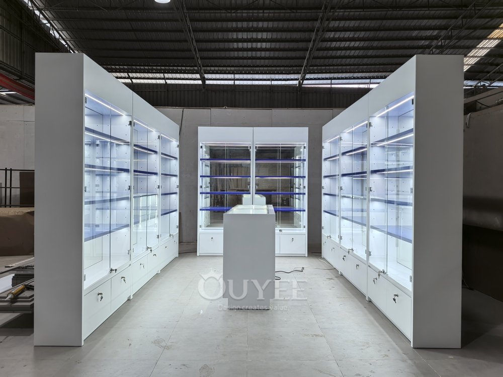 White Double-Sided Display Cabinet Store Layout 01
