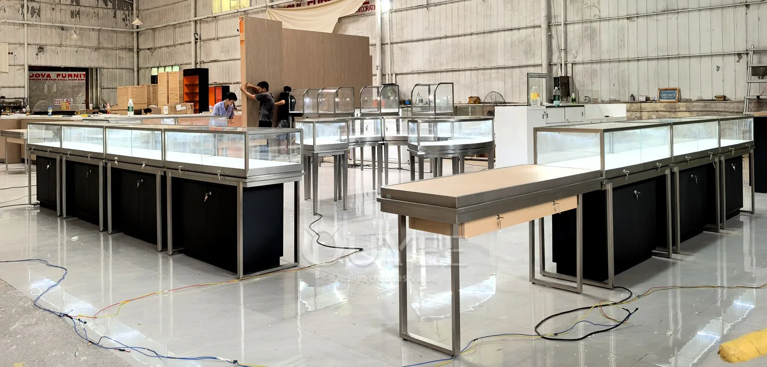 White Fluted Glass Showcase Counter with Gold Frame Trim 01