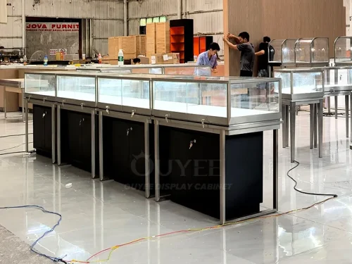 White Fluted Glass Showcase Counter with Gold Frame Trim 01