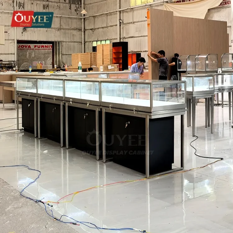 Frame Window Counter White Fluted Glass Showcase Counter with Gold Frame Trim | Custom Glass ...