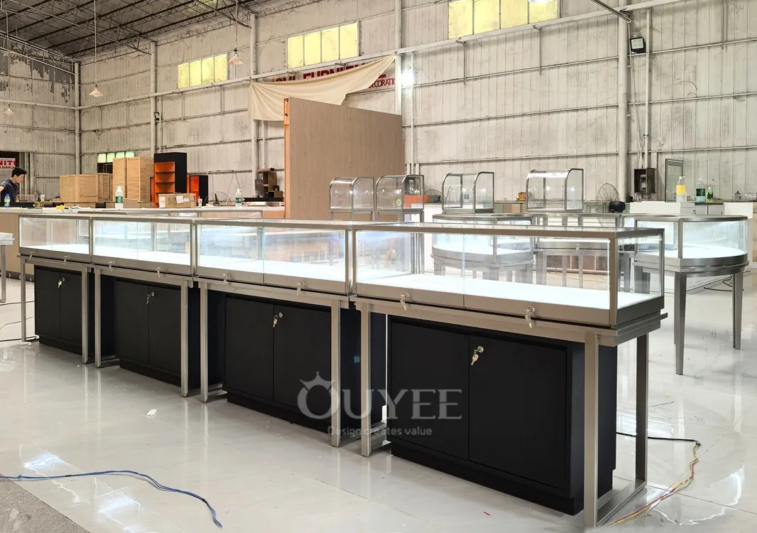 White Fluted Glass Showcase Counter with Gold Frame Trim 02