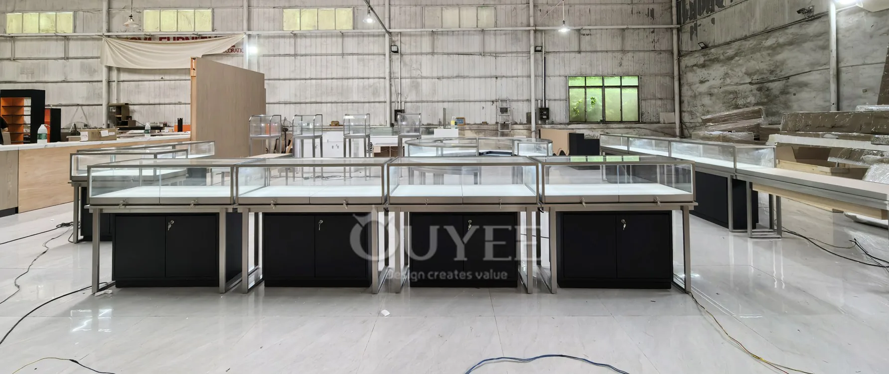 White Fluted Glass Showcase Counter with Gold Frame Trim 03