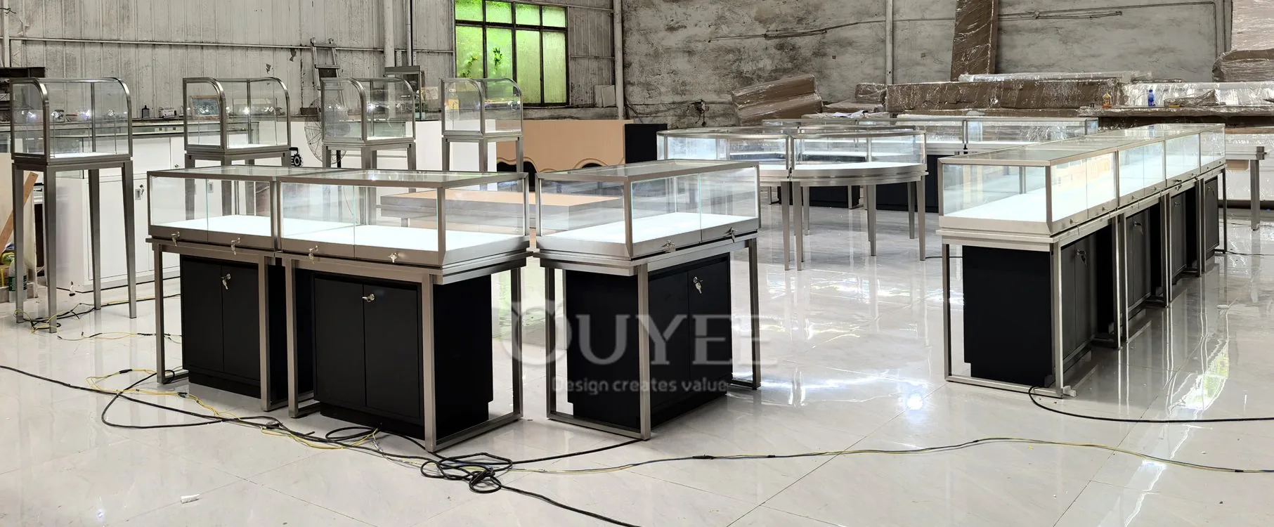 White Fluted Glass Showcase Counter with Gold Frame Trim 04