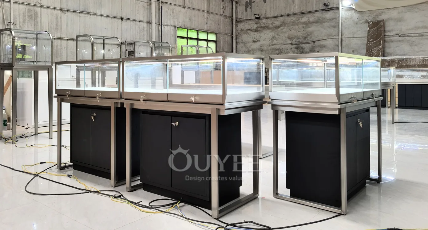 White Fluted Glass Showcase Counter with Gold Frame Trim 05