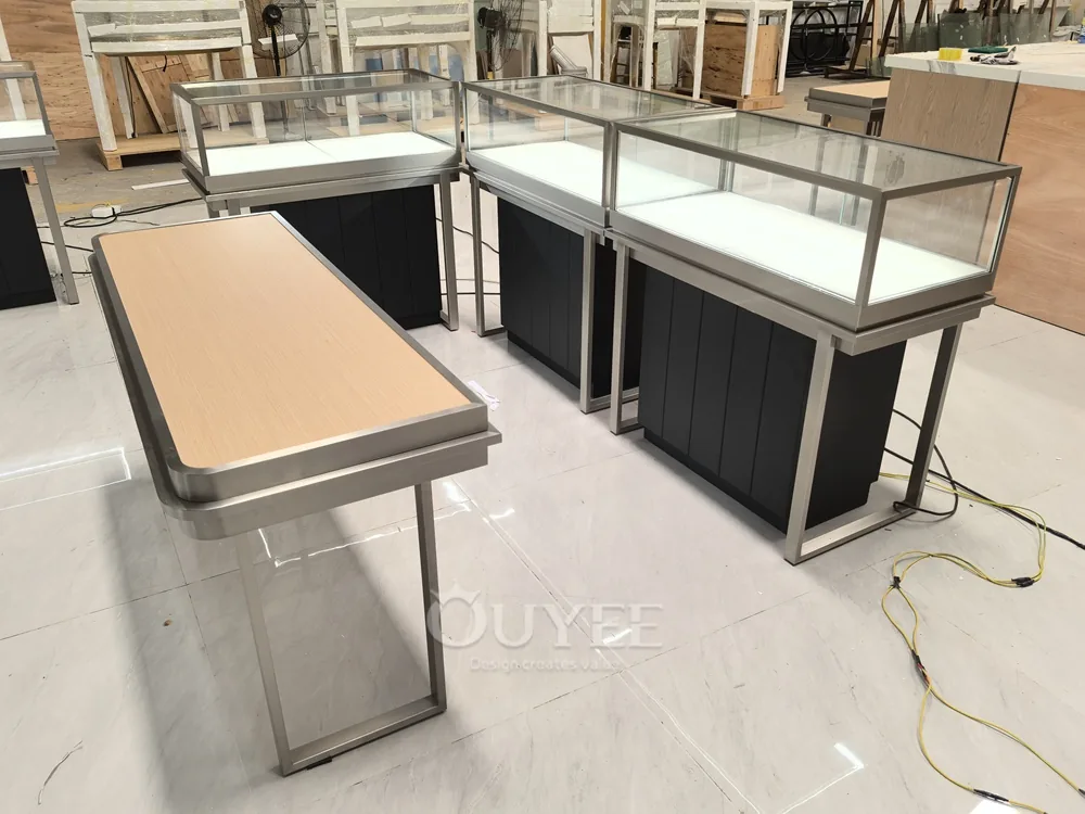 White Fluted Glass Showcase Counter with Gold Frame Trim 06