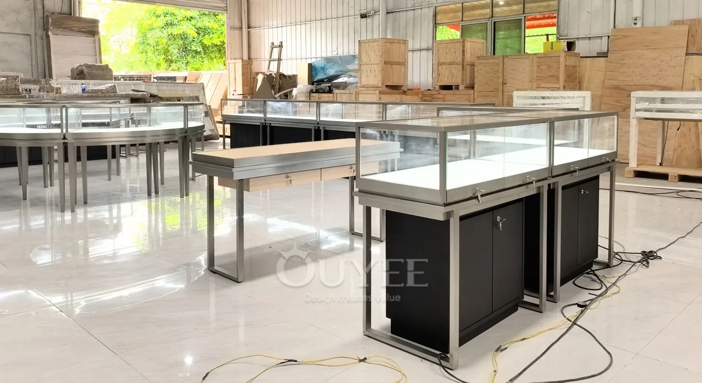 White Fluted Glass Showcase Counter with Gold Frame Trim 07