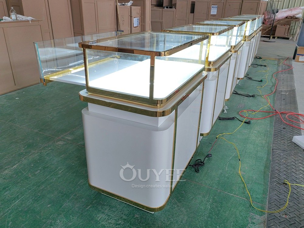 White Jewelry Glass Showcase Counter with Gold Trim 01